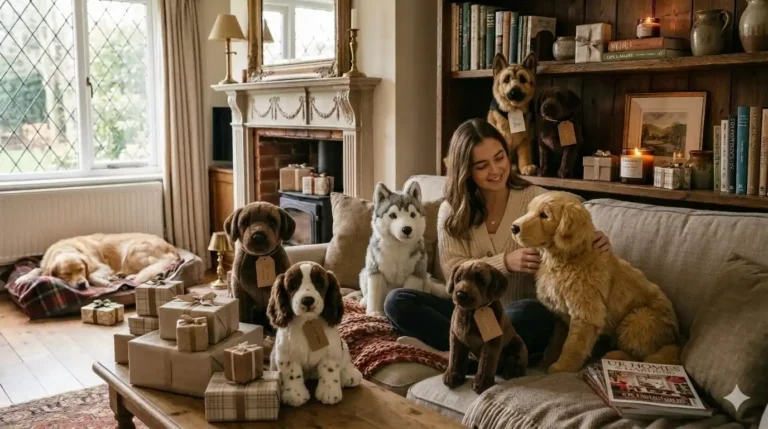 Thoughtful Comfort Gift Ideas for Dog Lovers and Families Realistic plush dogs displayed as thoughtful comfort gifts in a cosy UK home
