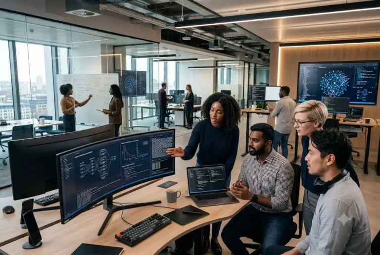 Algorithms and Data Structures: The Foundation of Modern Computing and Data Analysis Software engineers analysing algorithms and data structures in a modern UK technology workspace