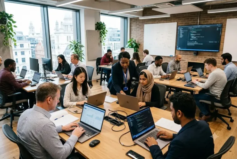 Students attending computer classes and digital skills training in a modern UK learning centre