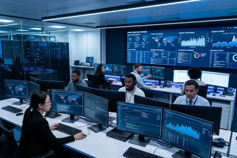 Cybersecurity professionals monitoring digital threats in a modern security operations centre