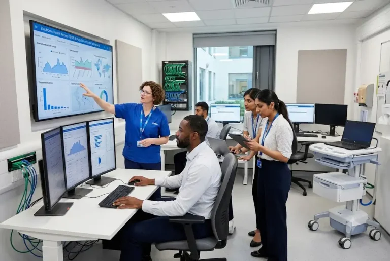 Healthcare informatics specialists working with digital patient information and healthcare technology systems