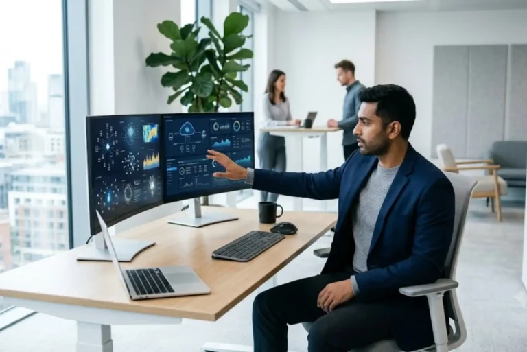 Modern IT professional working with cloud computing, hardware, software and AI technology in a contemporary office