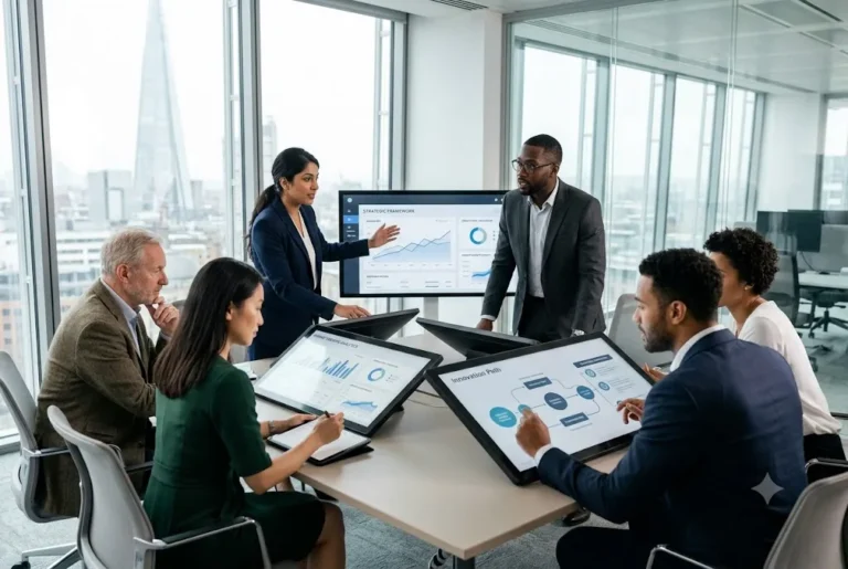 Business associates and technology advisors discussing digital transformation strategies