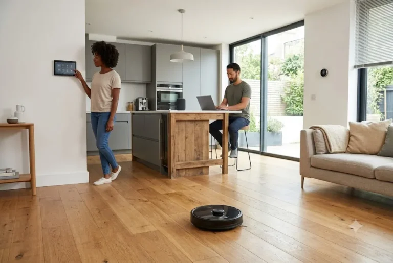 Robot house cleaner operating in a modern UK smart home environment