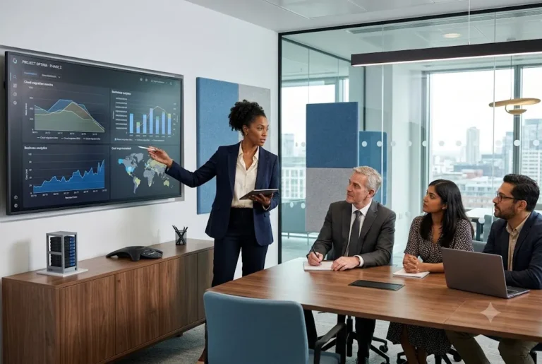 Technical solutions professional presenting technology strategy in a modern UK business environment