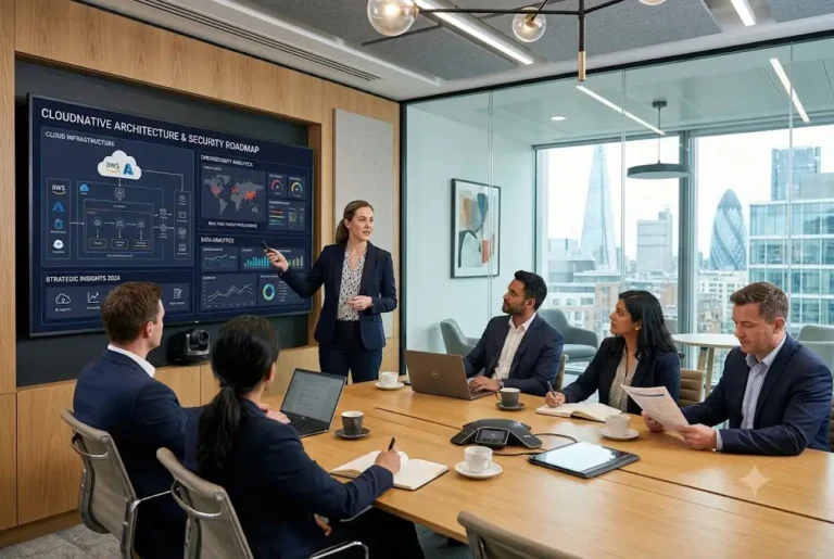 Technical solutions professional presenting enterprise technology solutions in a modern UK office
