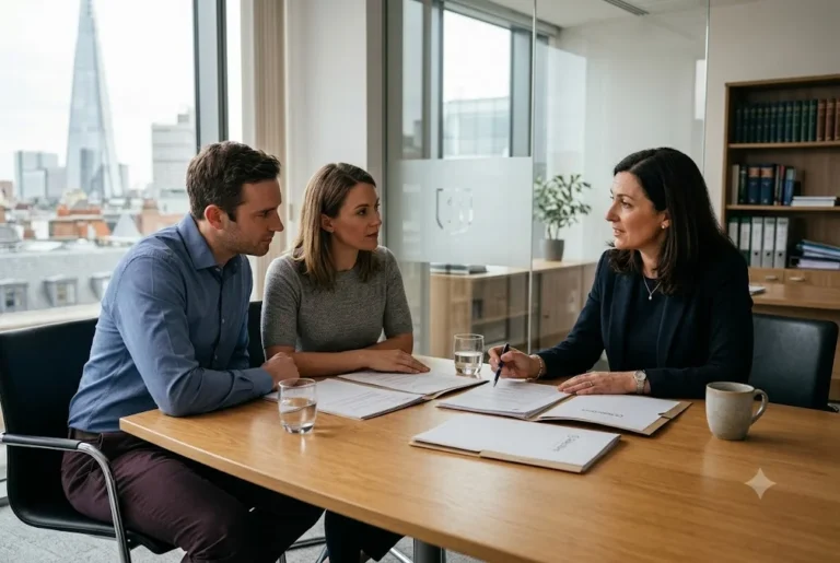 Solicitor discussing family law with clients during a professional legal consultation