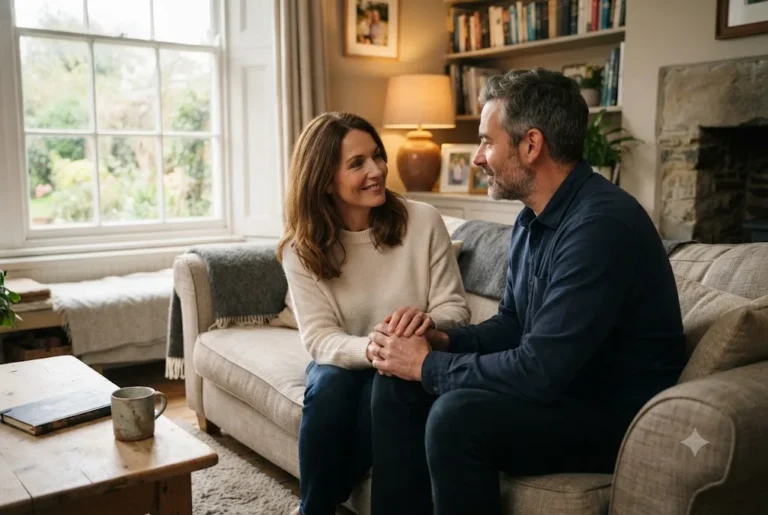 Couple rebuilding trust in marriage through honest communication at home