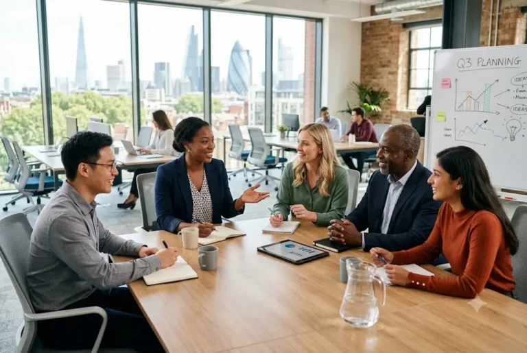 Team demonstrating workplace communication skills during a collaborative business meeting