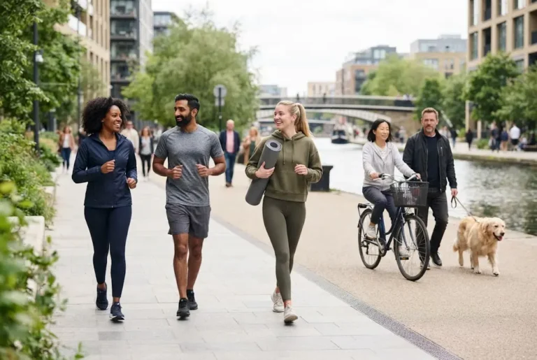 Active lifestyle with adults walking, cycling and exercising outdoors
