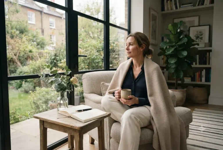 Emotional wellbeing represented by a woman enjoying a peaceful reflective moment at home