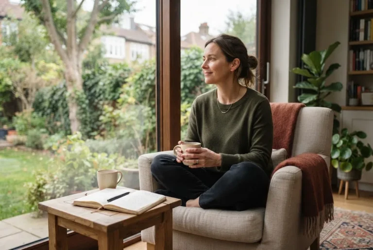 Emotional wellbeing represented by a calm reflective moment at home