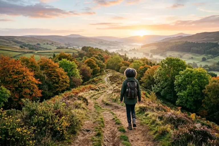Person reflecting on life experiences while walking through a scenic countryside