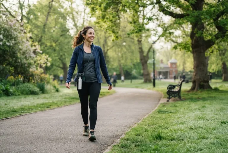 Physical Wellbeing: Definition, Benefits and How to Improve It Physical wellbeing represented by an active adult walking outdoors