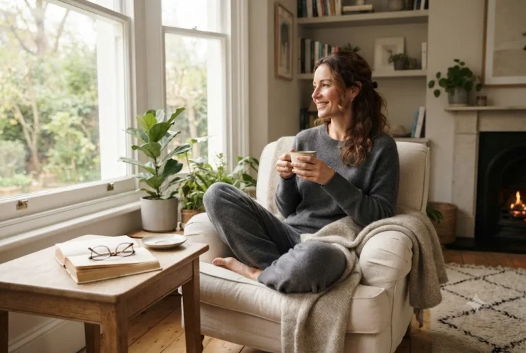 Self Care: Simple Routines for a More Balanced Life Self care routine with a woman relaxing at home with a book and cup of tea