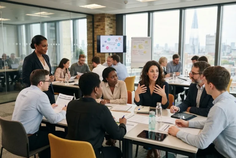 Communication skills exercises for UK professionals in a group training session