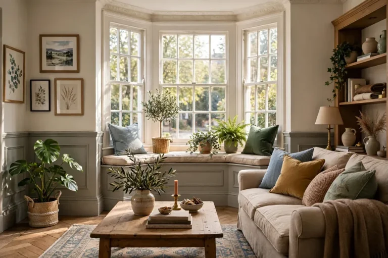 Interior design in a bright British living room with a bay window seat, layered cushions, houseplants and natural textures